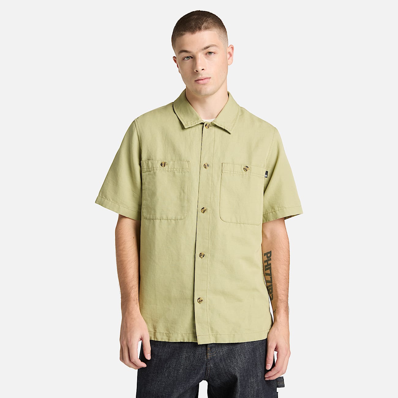 CottonLinen ShortSleeve Utility Shirt for Men in Green TBL Green ALT1