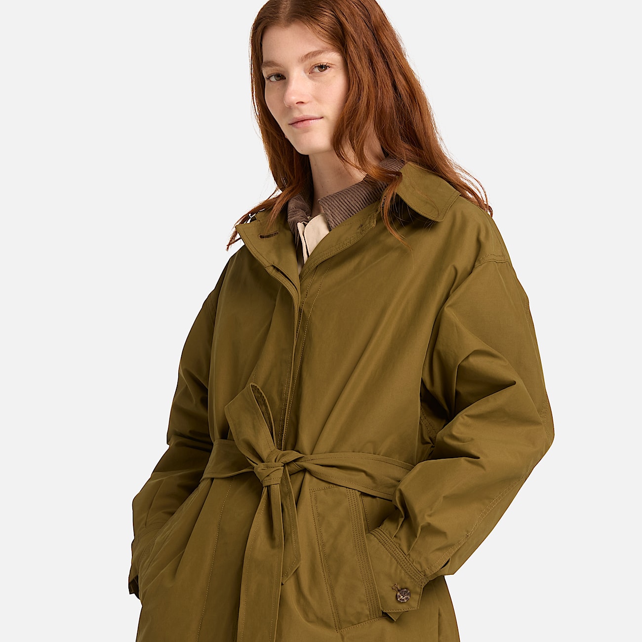 Gabardina larga hidrófuga para mujer en verde oscuro - 2