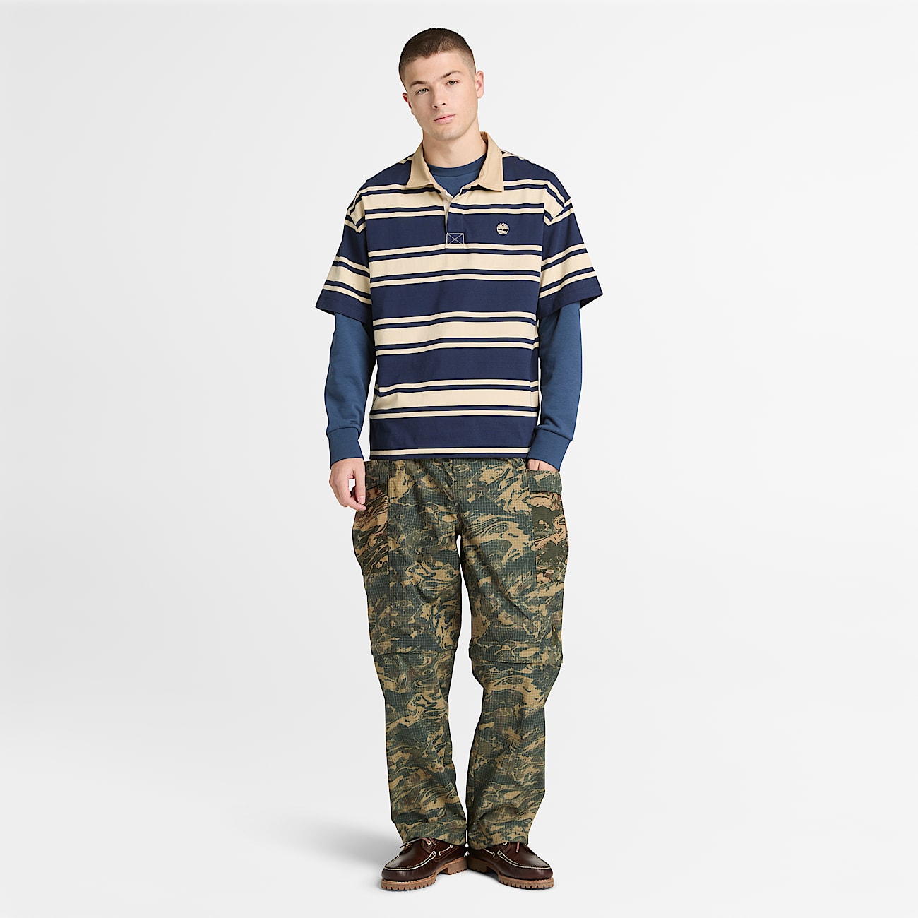 All Gender Kurzrmeliges RugbyPolohemd mit Streifen in DunkelblauBeige TBL Blau ALT2