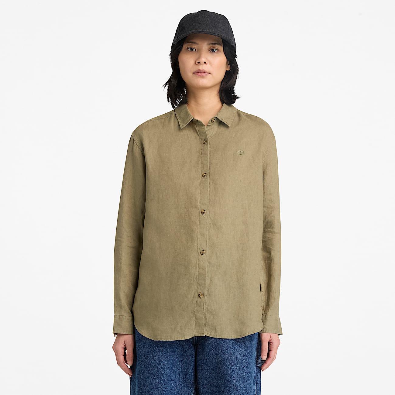 Camisa de lino de manga larga para mujer en verde TBL verde ALT1