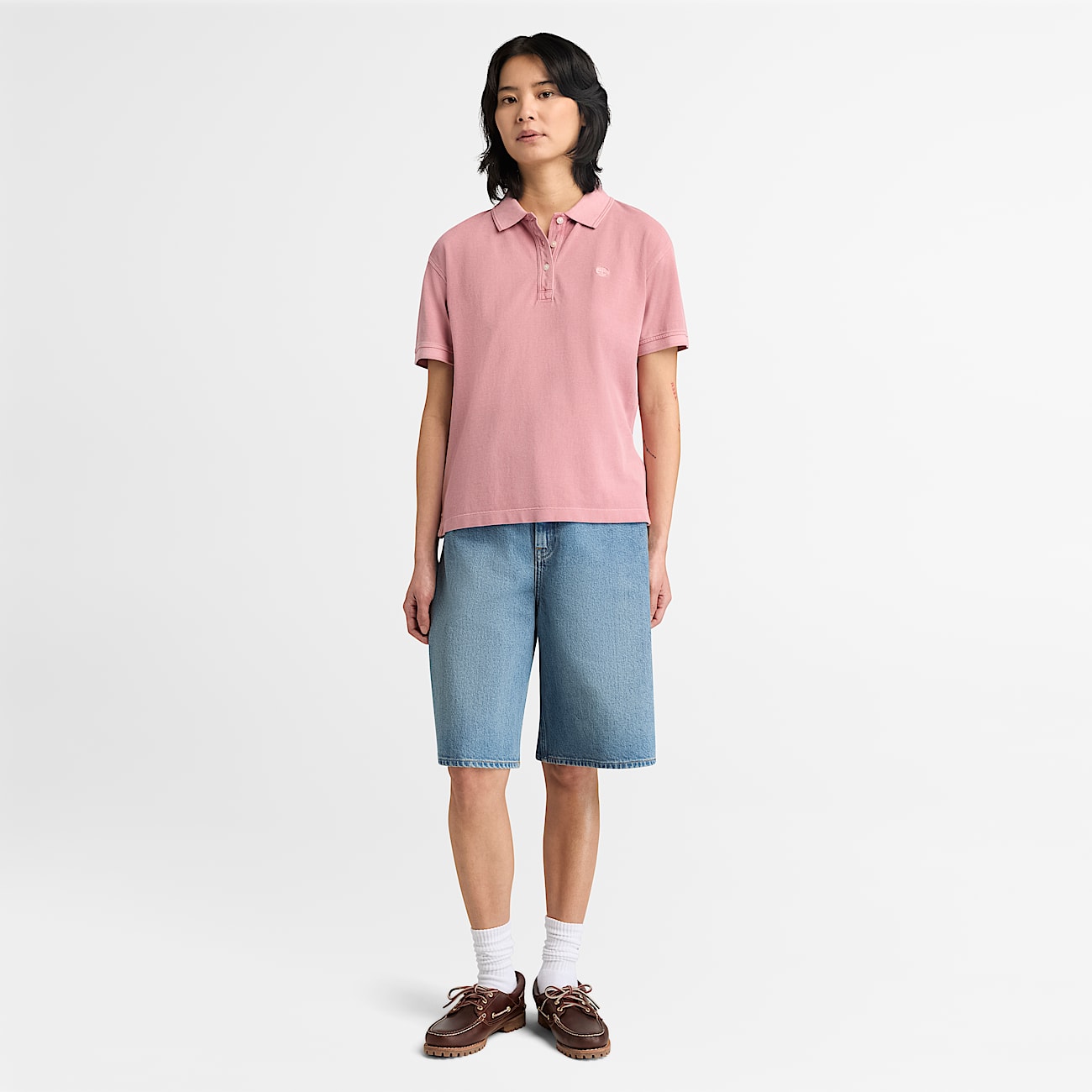 Garment Dyed Short-Sleeve Pique Polo for Women in Pink - 3