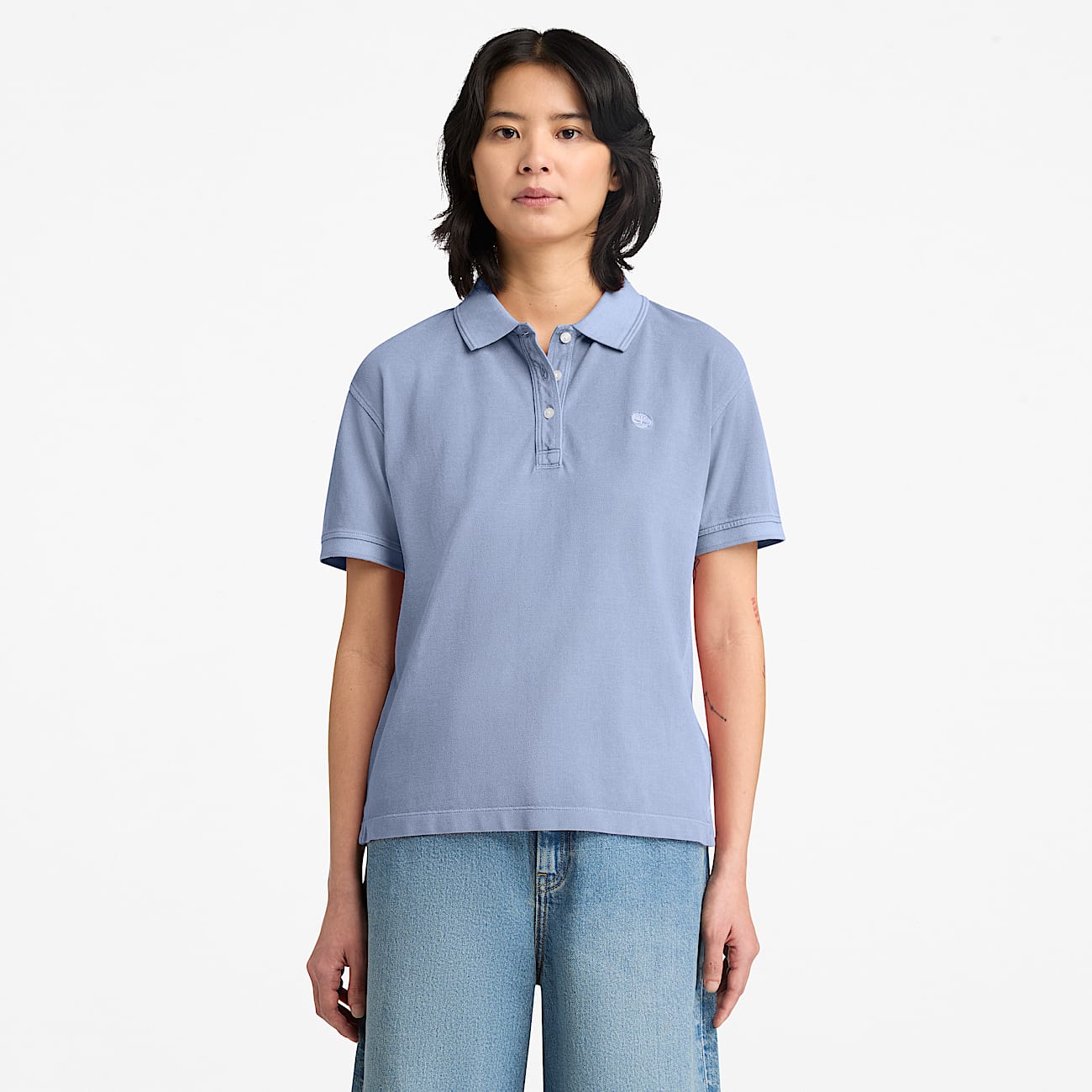 Garment Dyed Short-Sleeve Pique Polo for Women in Blue - 2