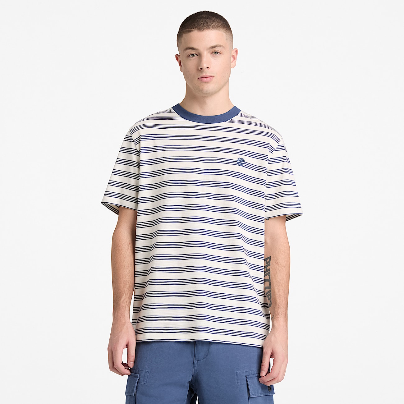 Striped ShortSleeve TShirt for Men in WhiteDark Blue TBL Blue ALT1