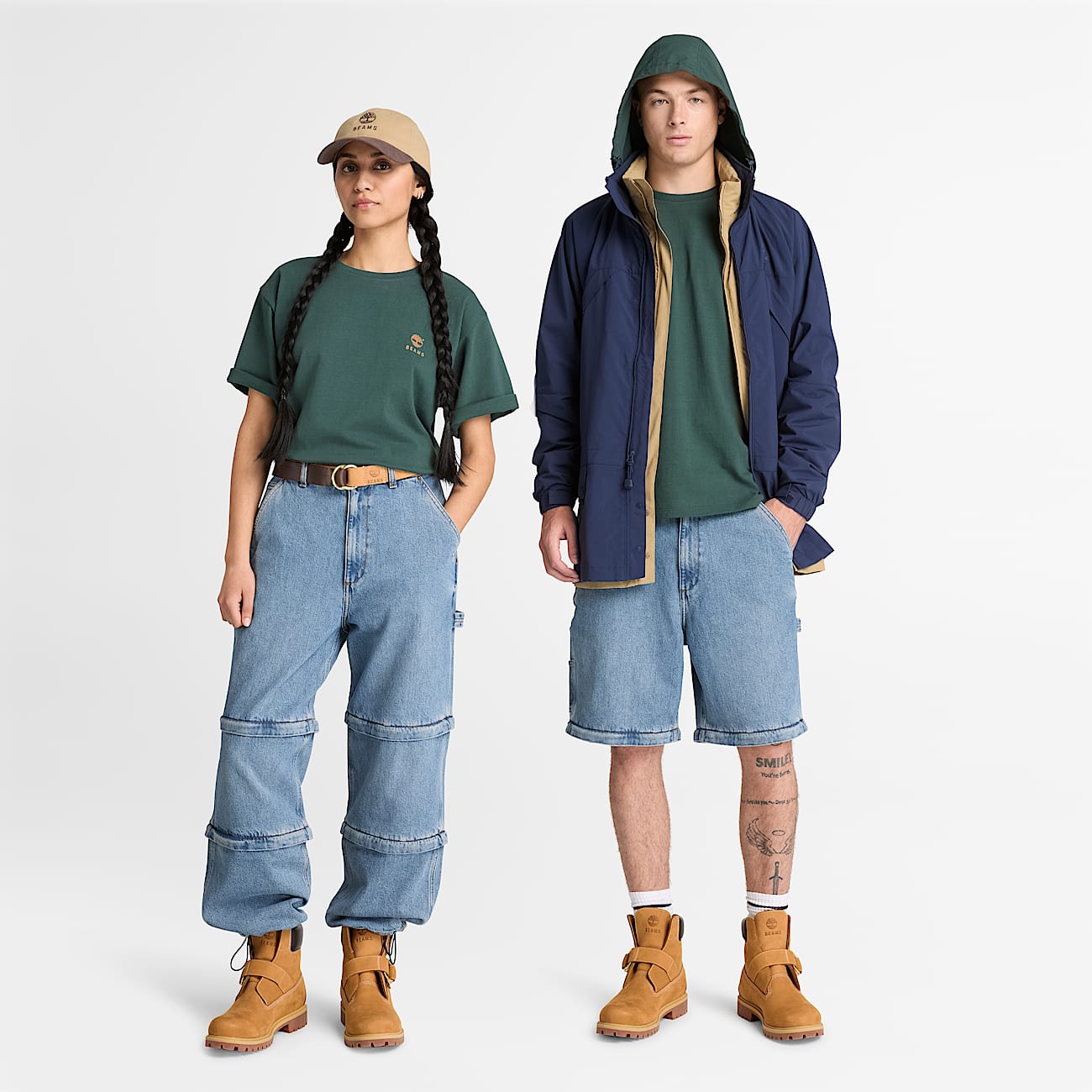 All Gender Timberland x BEAMS Cotton Print TShirt in Dark Green TBL Green ALT1