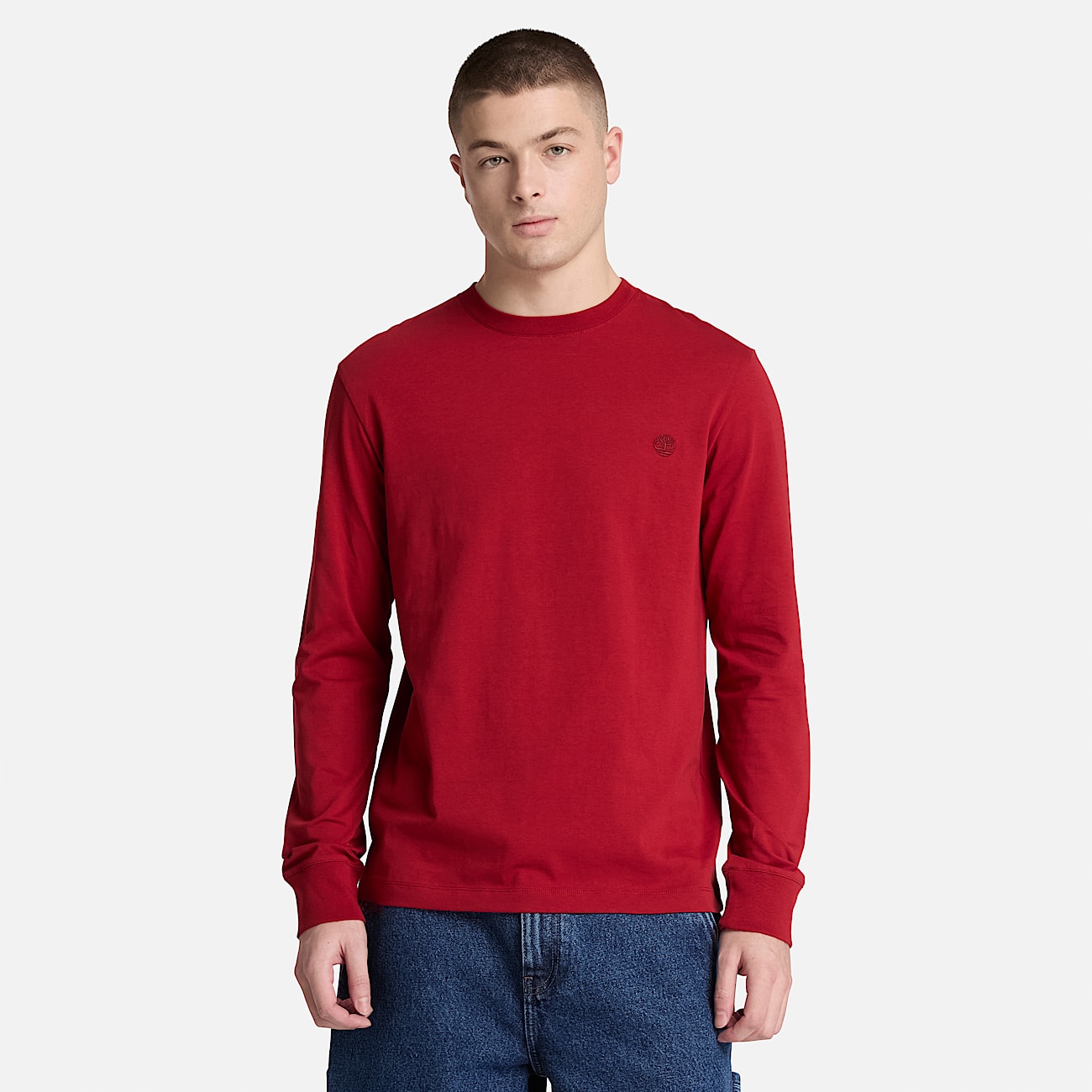 Dunstan River Slim Embroidered LongSleeve TShirt for Men in Red TBL Red ALT1