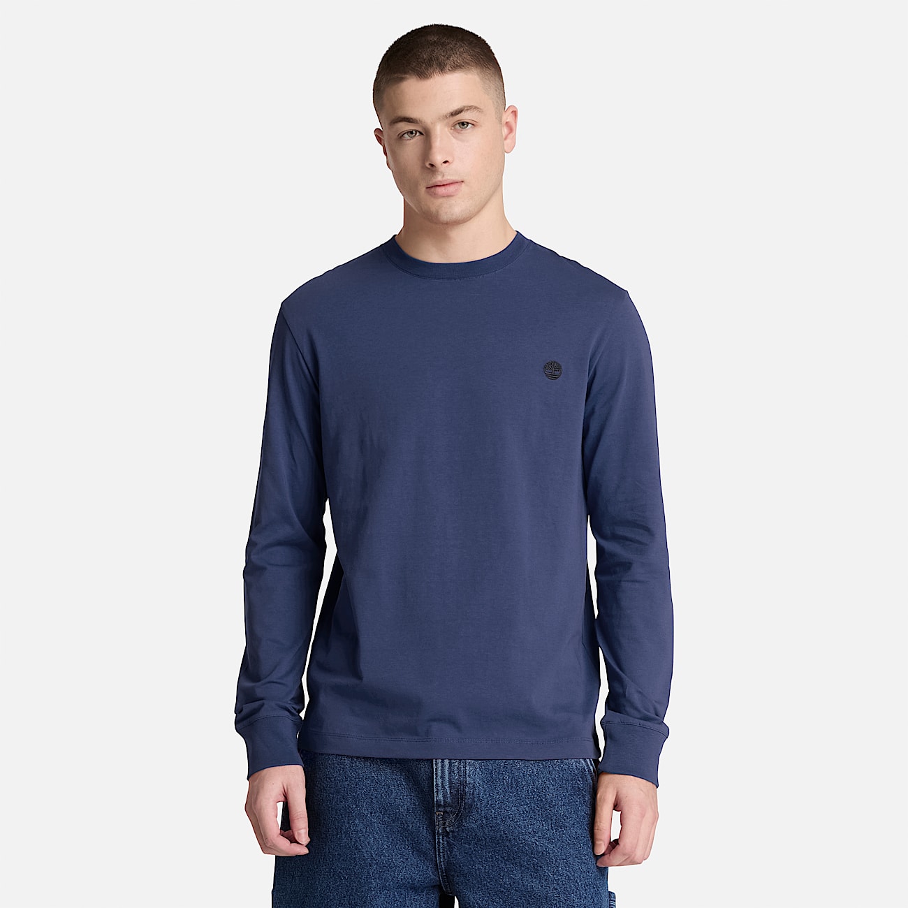 Dunstan River Slim Embroidered LongSleeve TShirt for Men in Dark Blue TBL Blue ALT1