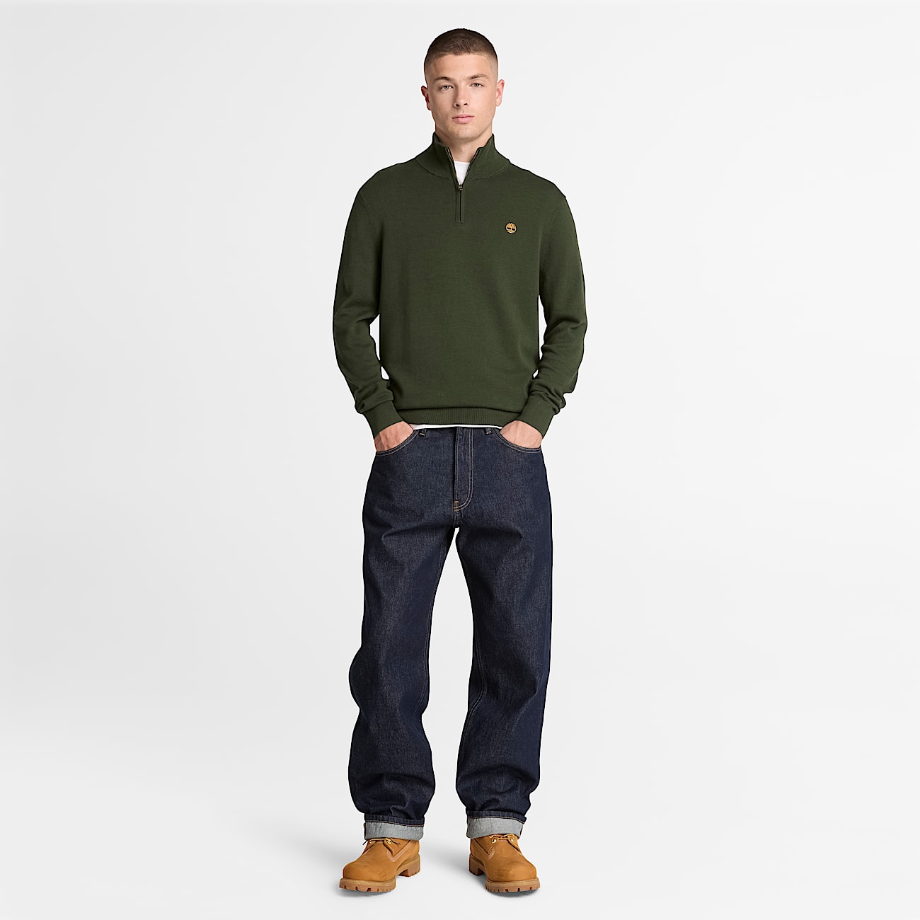 Oyster River Cotton Quarter-Zip Jumper for Men in Dark Green