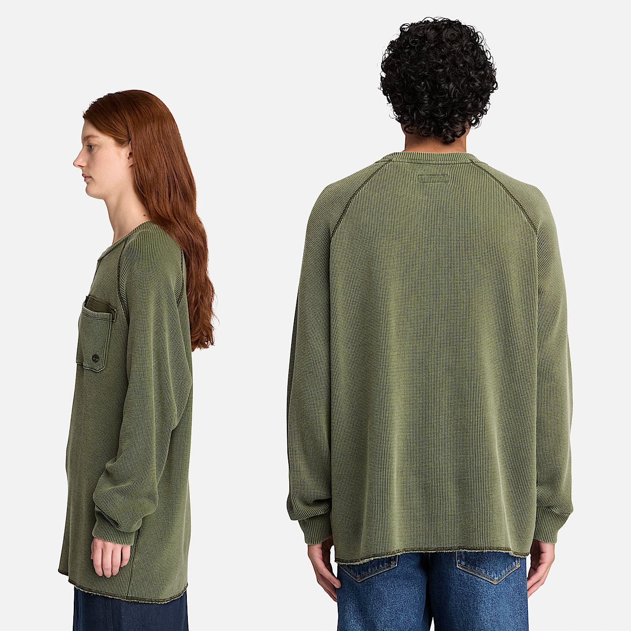 Timberland Tokyo Design Collective Garment Dyed Waffle LongSleeve TShirt in Dark Green TBL Green ALT2