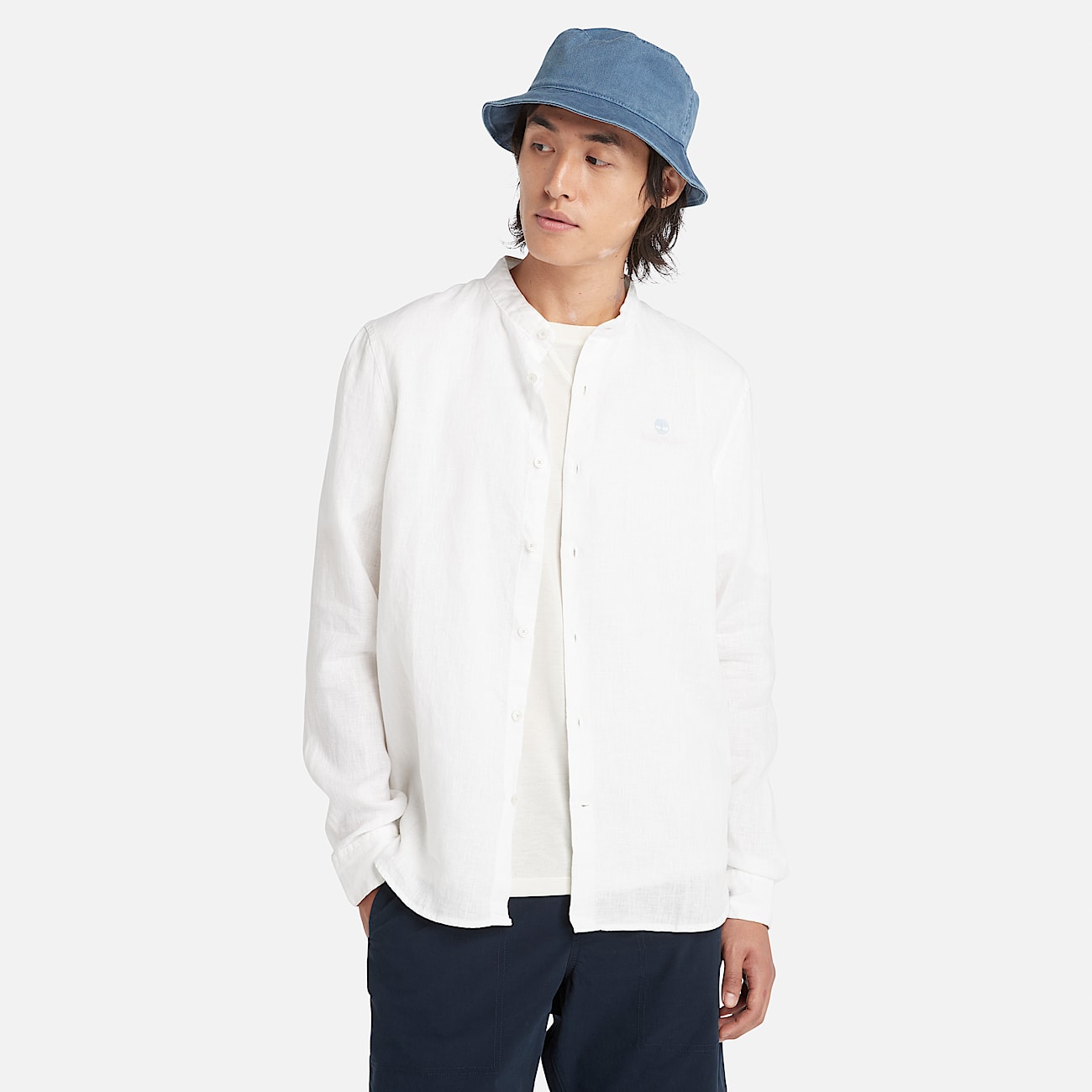 Mill Brook Linen Korean Collar Shirt for Men in White