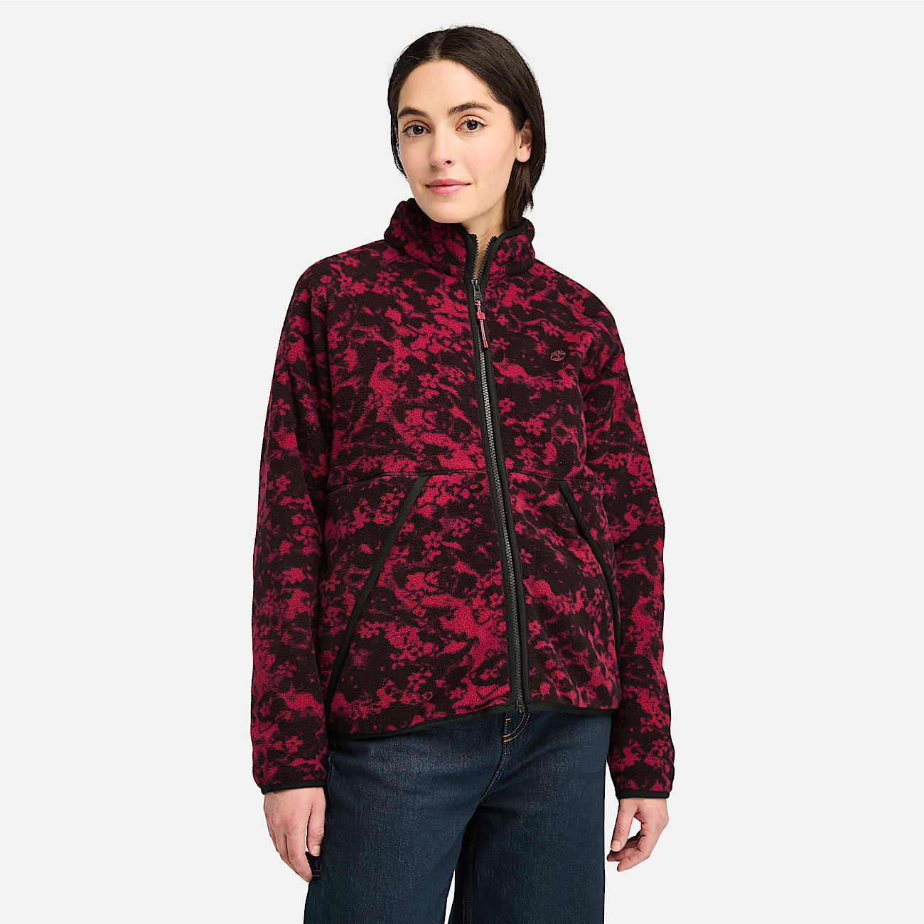 Printed Full-Zip High Pile Fleece Jacket for Women in Dark Red