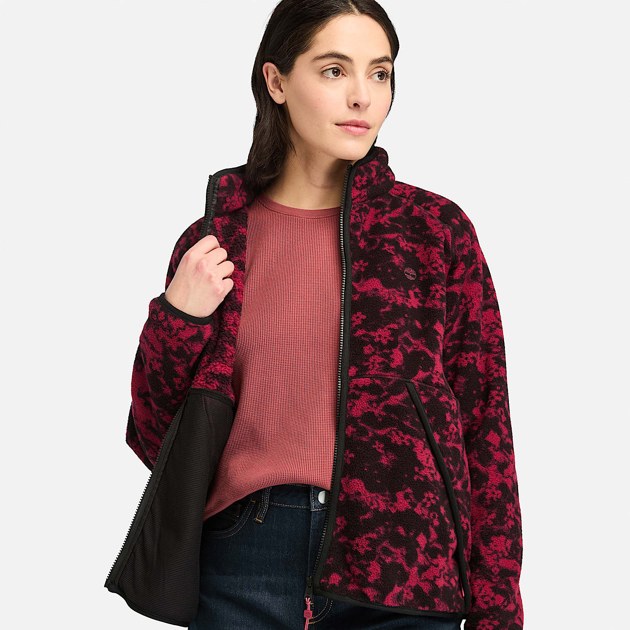 Printed Full-Zip High Pile Fleece Jacket for Women in Dark Red