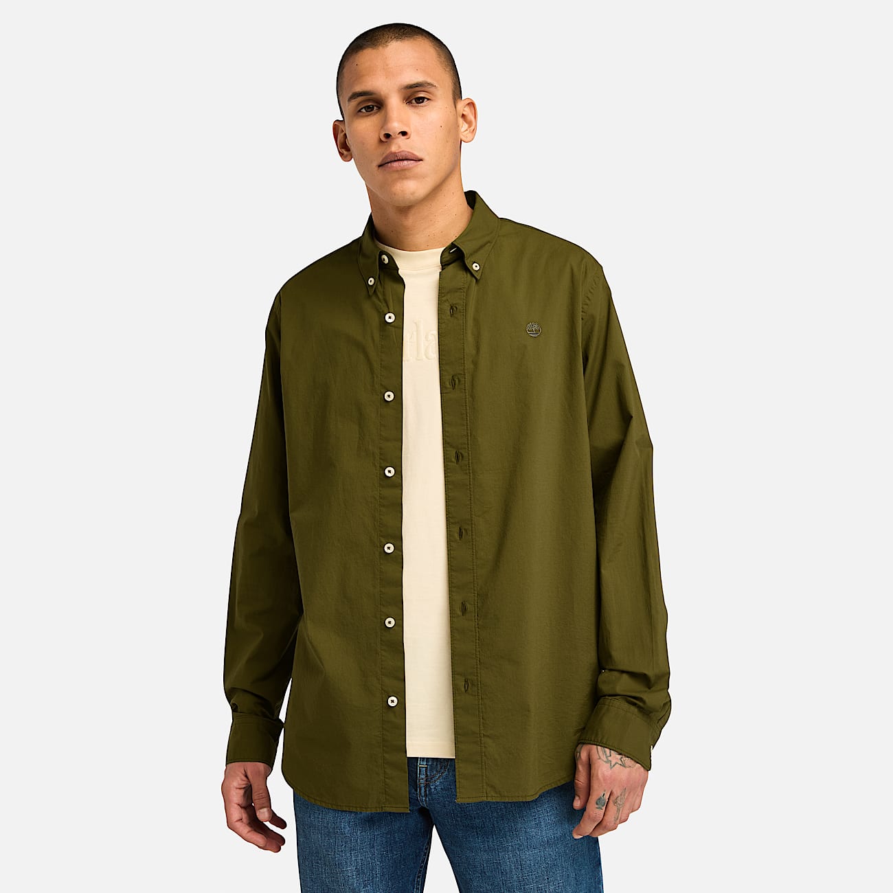 Camisa de Manga Comprida em Popelina Elástica para Homem em verde - 1