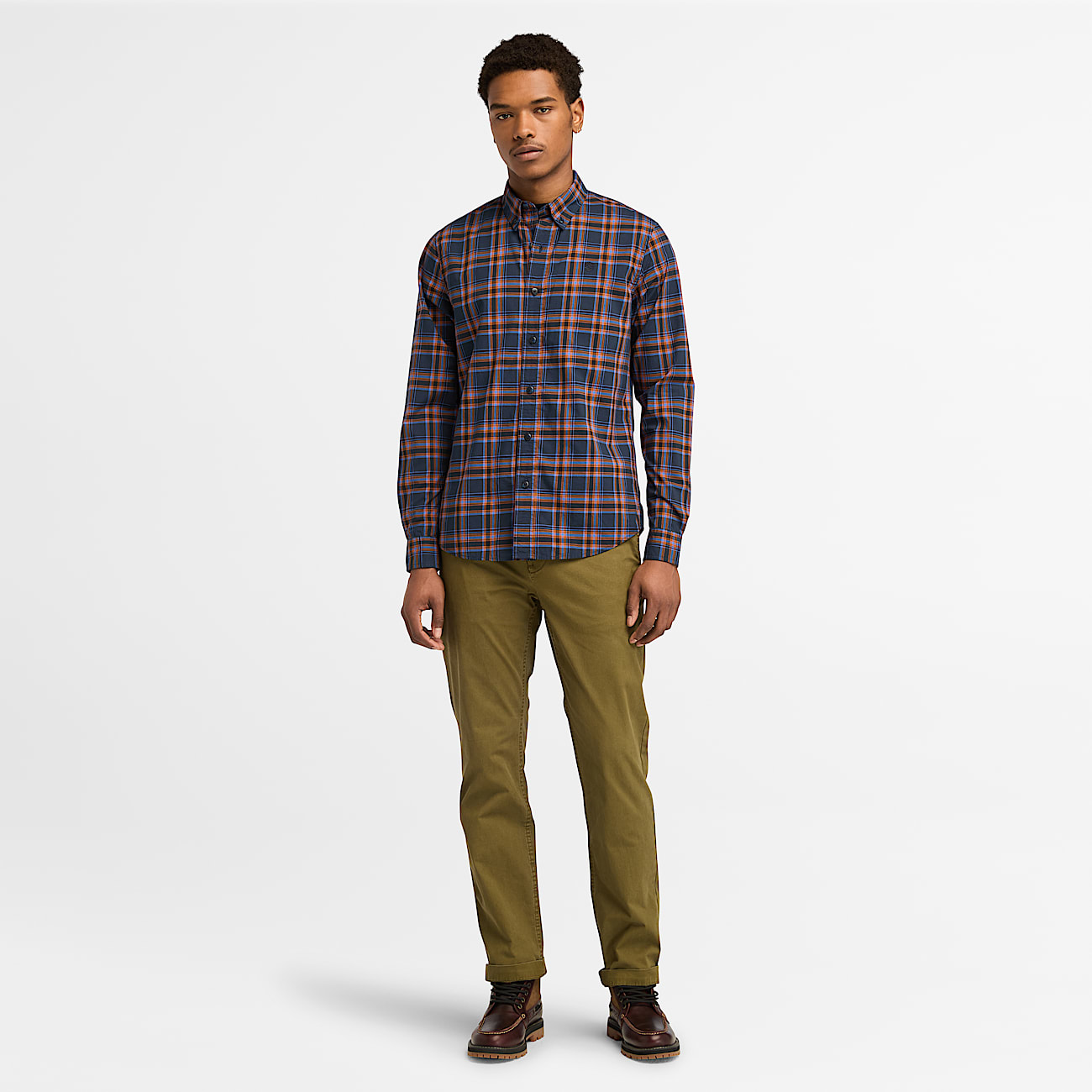Stretch Poplin Check Shirt for Men in Blue