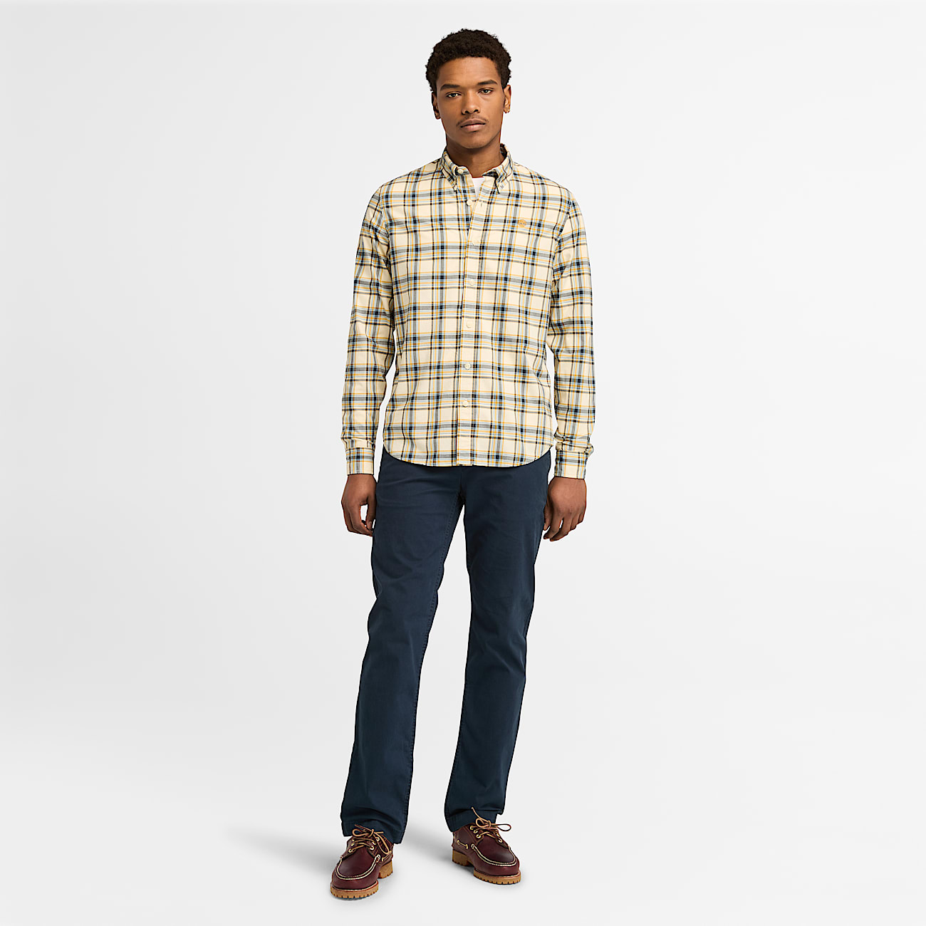 Chemise à carreaux en popeline extensible pour homme en beige