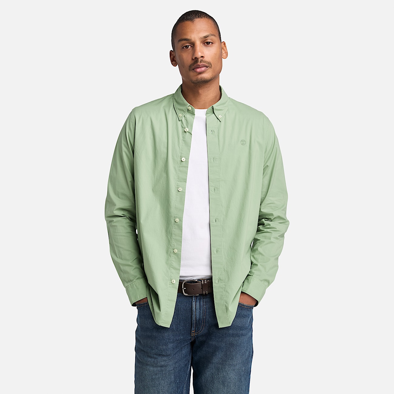 Camisa de Manga Comprida em Popelina Elástica para Homem em verde - 1