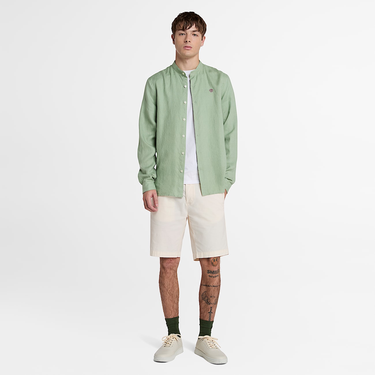 Chemise à col Mao en lin Mill Brook pour homme en vert - 2
