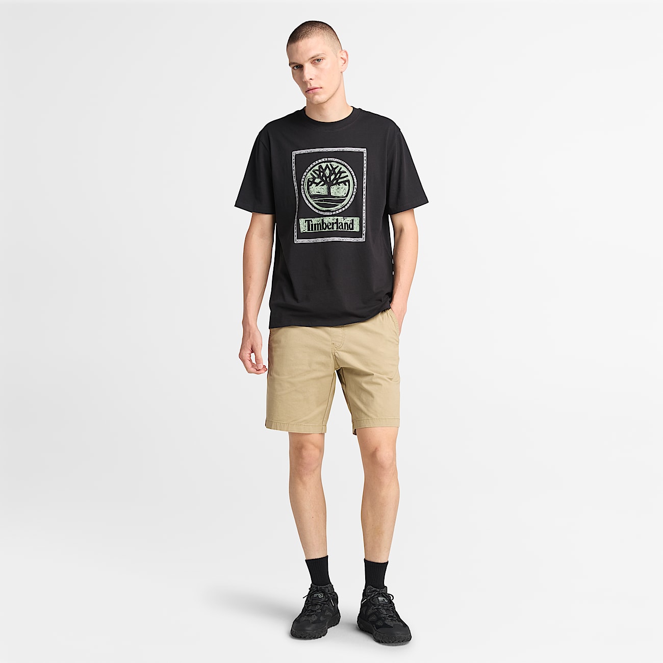T-Shirt mit Jahreszeiten-Stack-Grafik für Herren in Schwarz