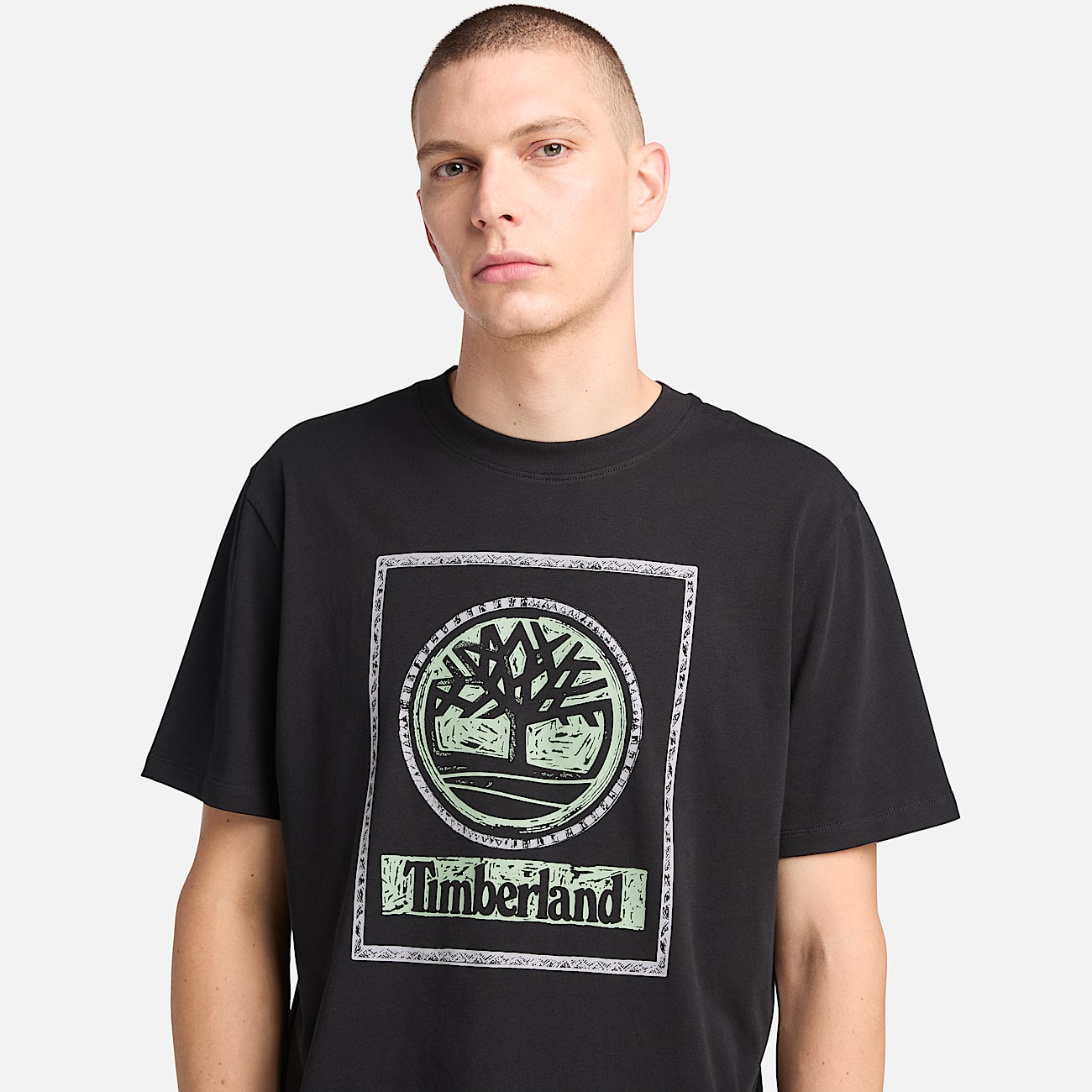 T-Shirt mit Jahreszeiten-Stack-Grafik für Herren in Schwarz
