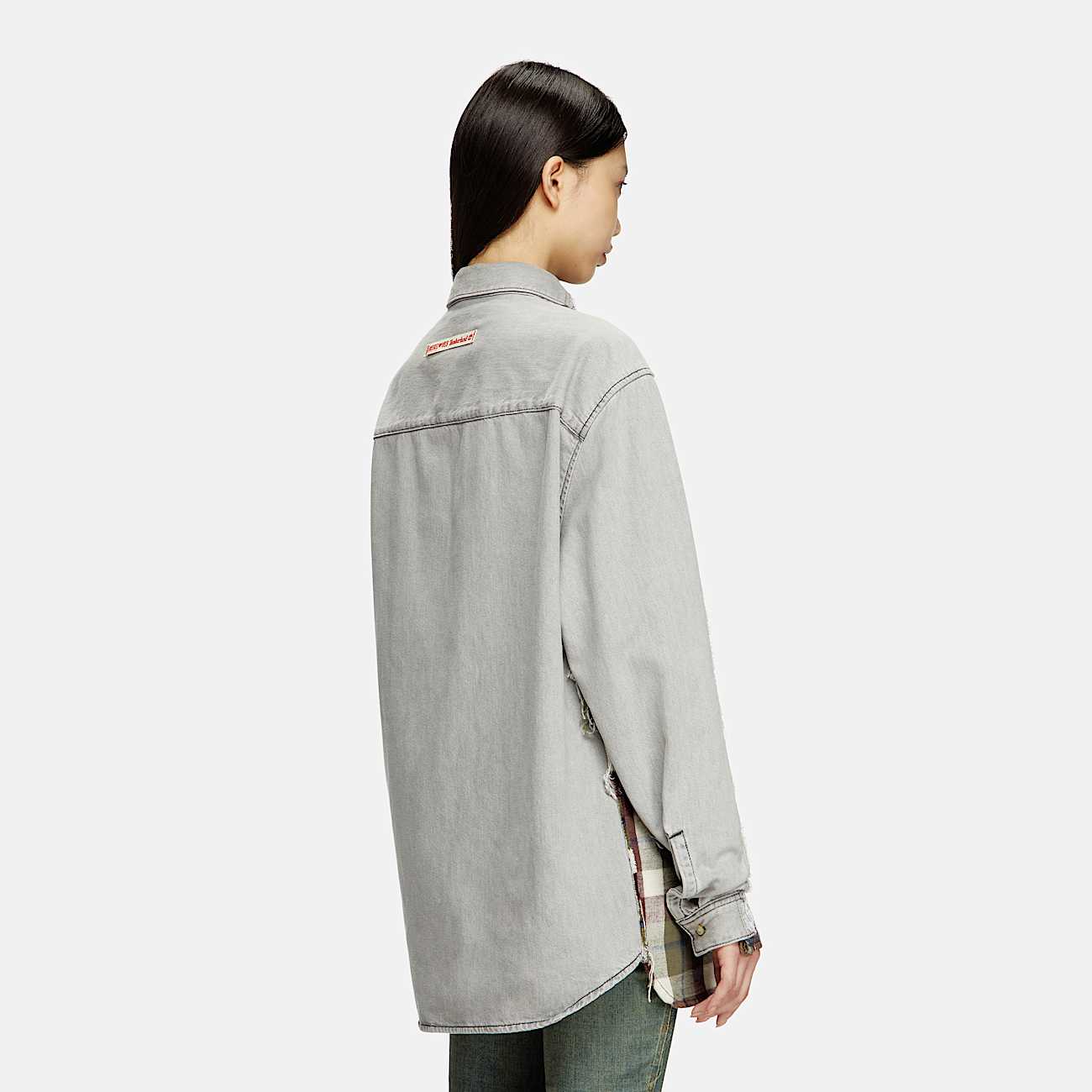 Check and bleach-effect denim shirt