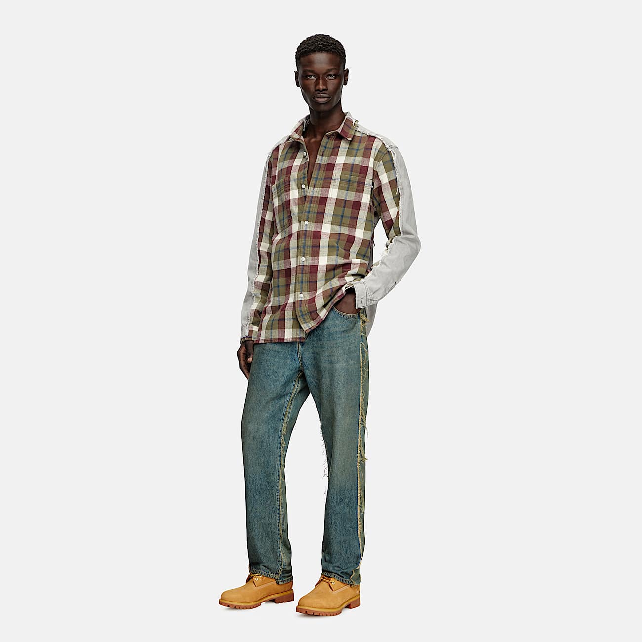 Check and bleach-effect denim shirt