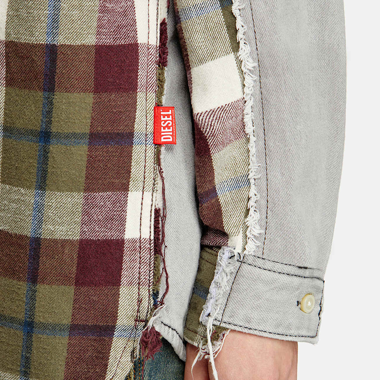 Check and bleach-effect denim shirt