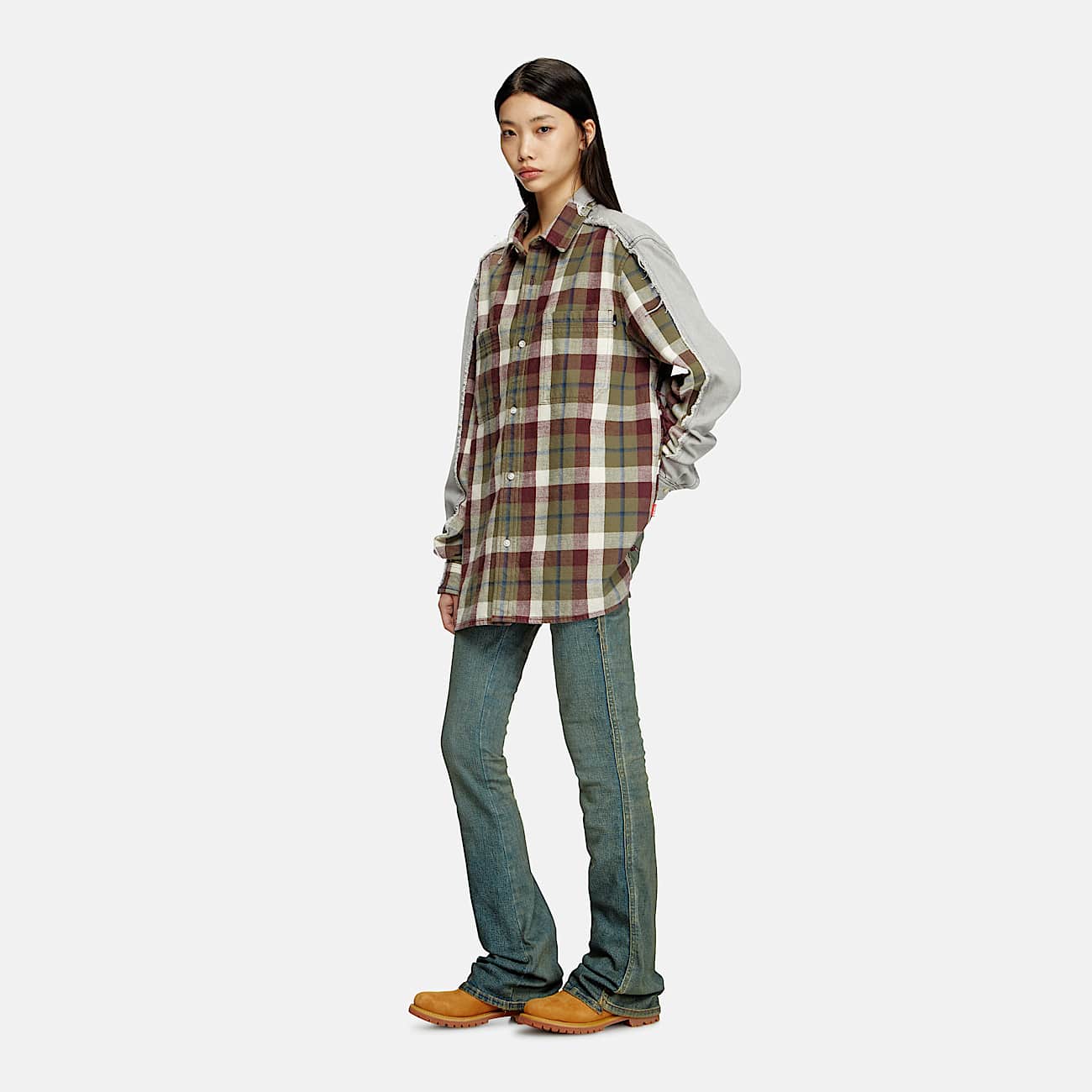 Check and bleach-effect denim shirt
