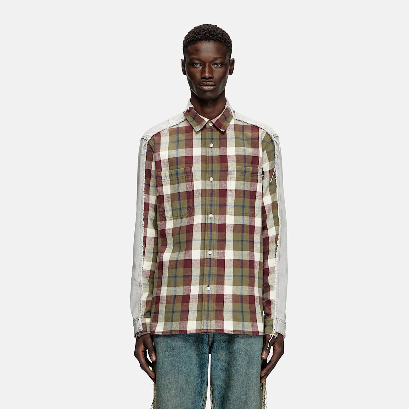 Check and bleach-effect denim shirt