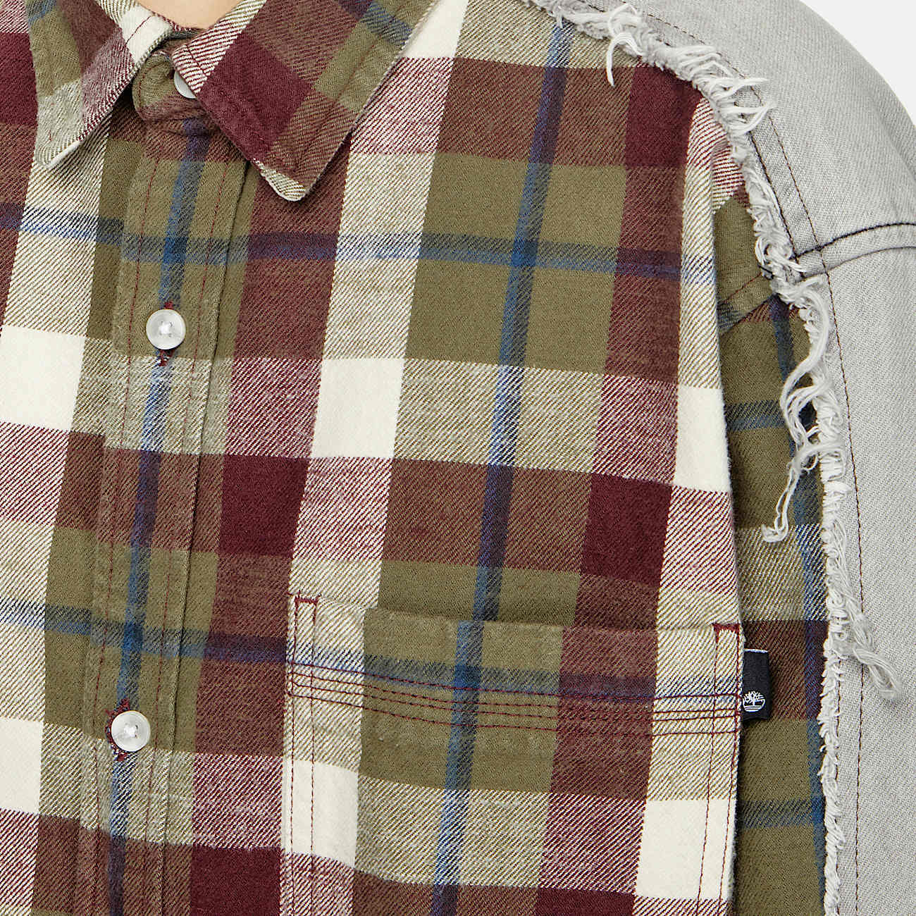 Check and bleach-effect denim shirt
