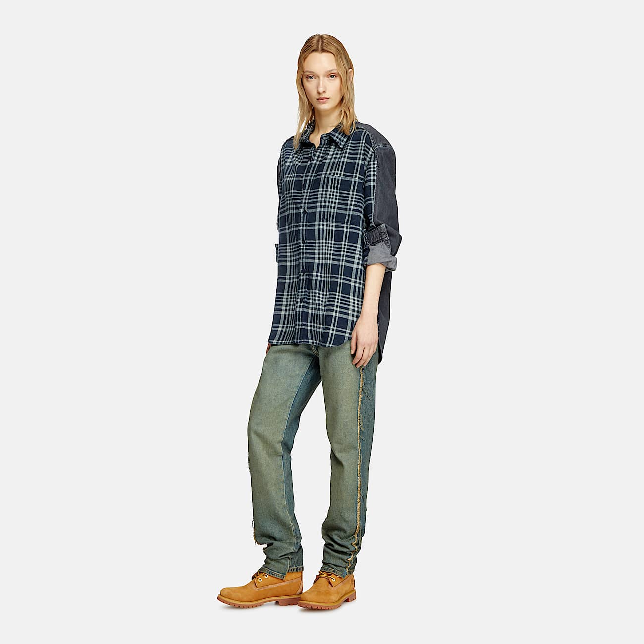 Overdyed check and denim shirt