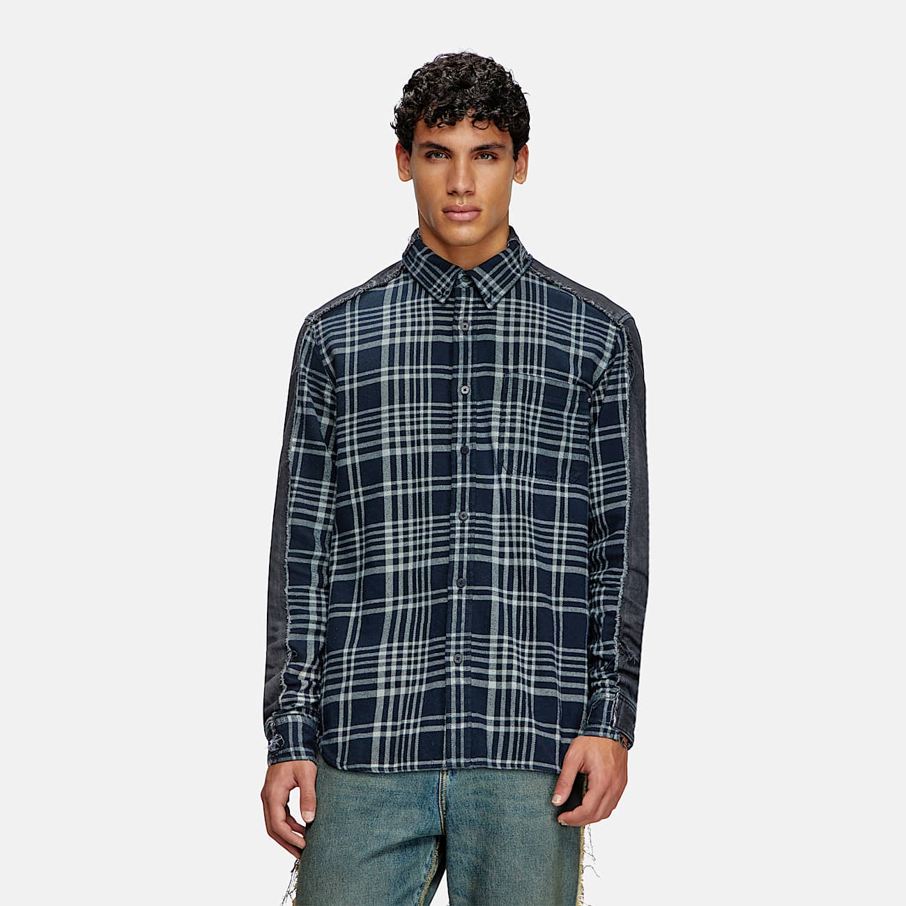 Overdyed check and denim shirt