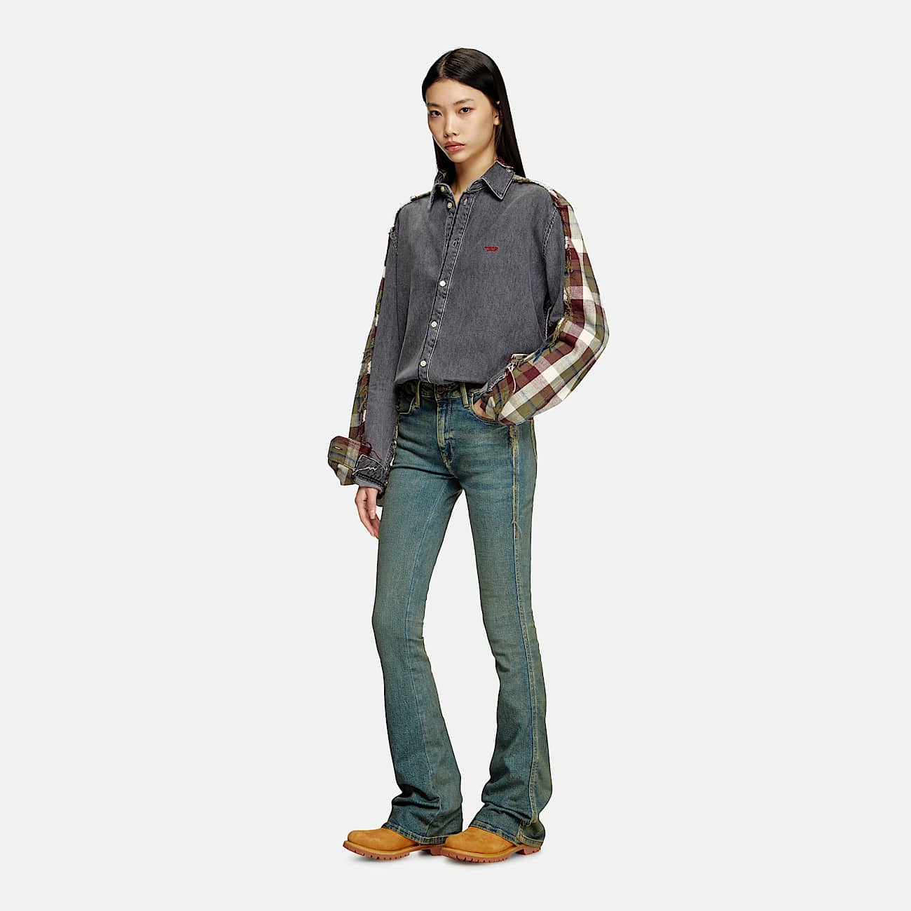 Camicia in denim e tessuto check - 6