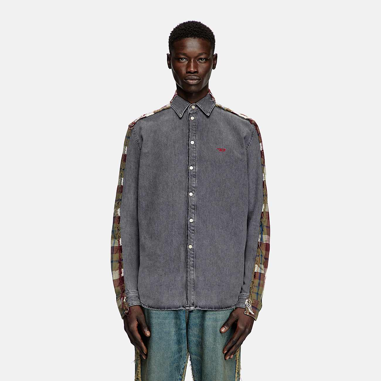 Camicia in denim e tessuto check - 7