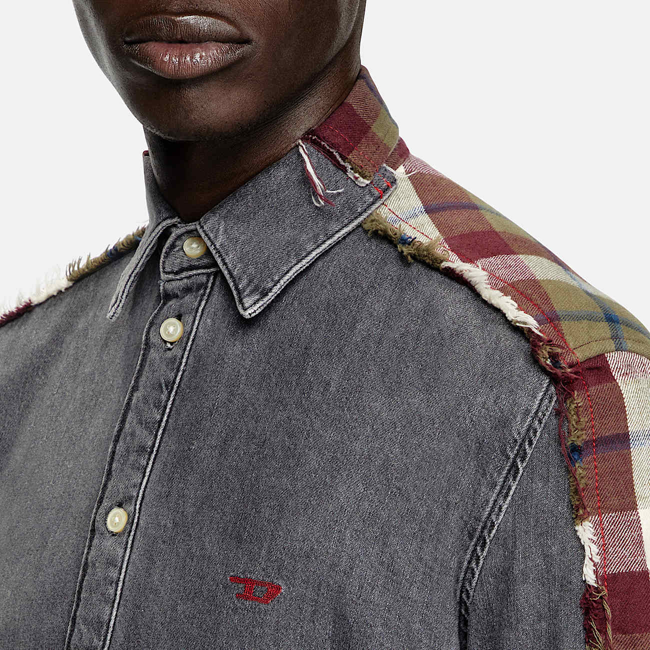 Camicia in denim e tessuto check - 8
