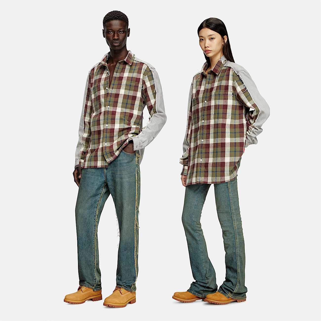 Check and bleach-effect denim shirt