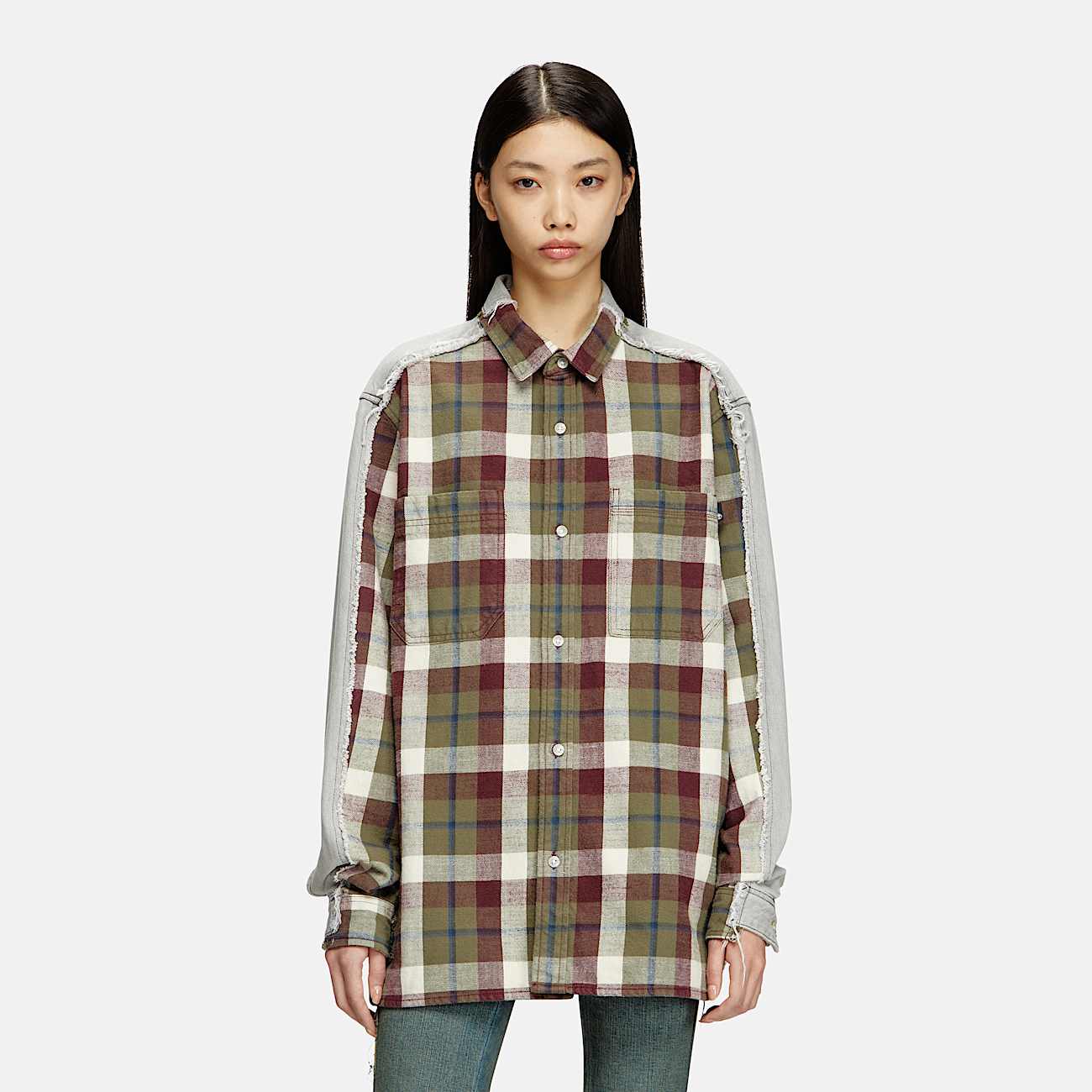 Check and bleach-effect denim shirt