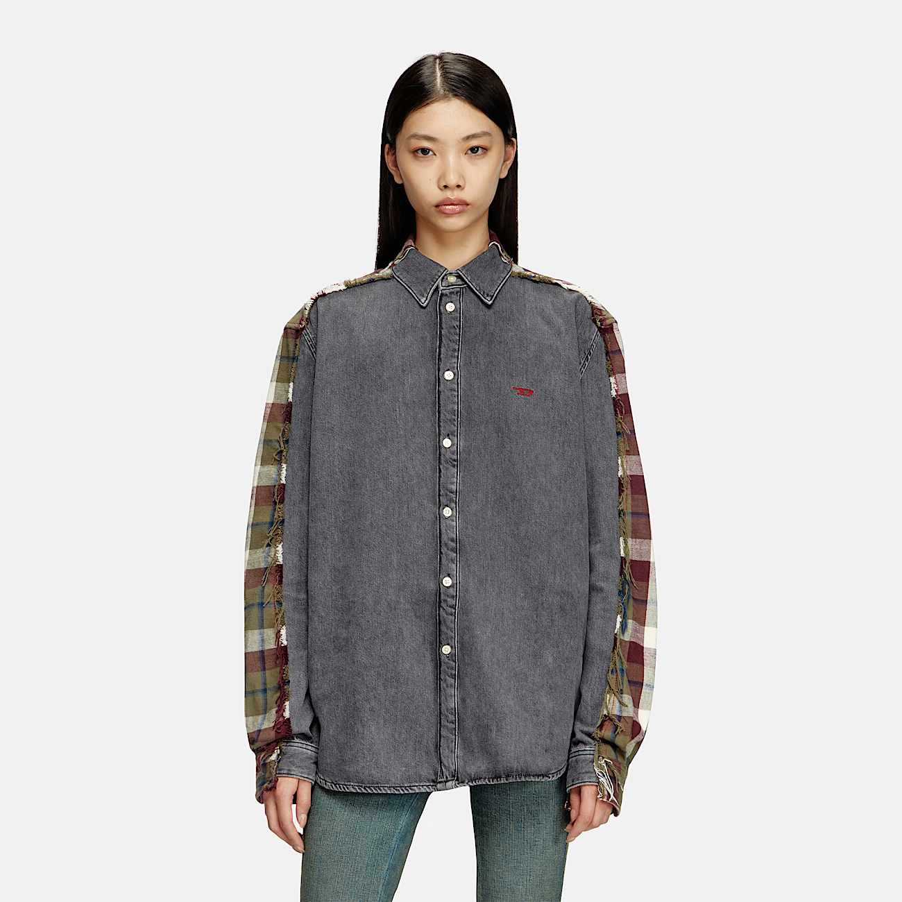 Camicia in denim e tessuto check - 9