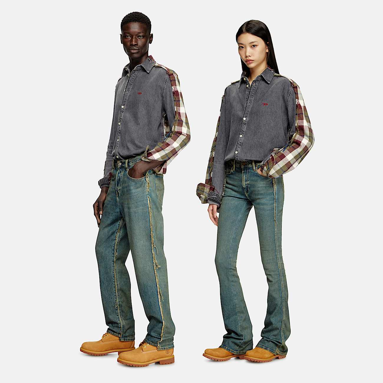 Camicia in denim e tessuto check - 1