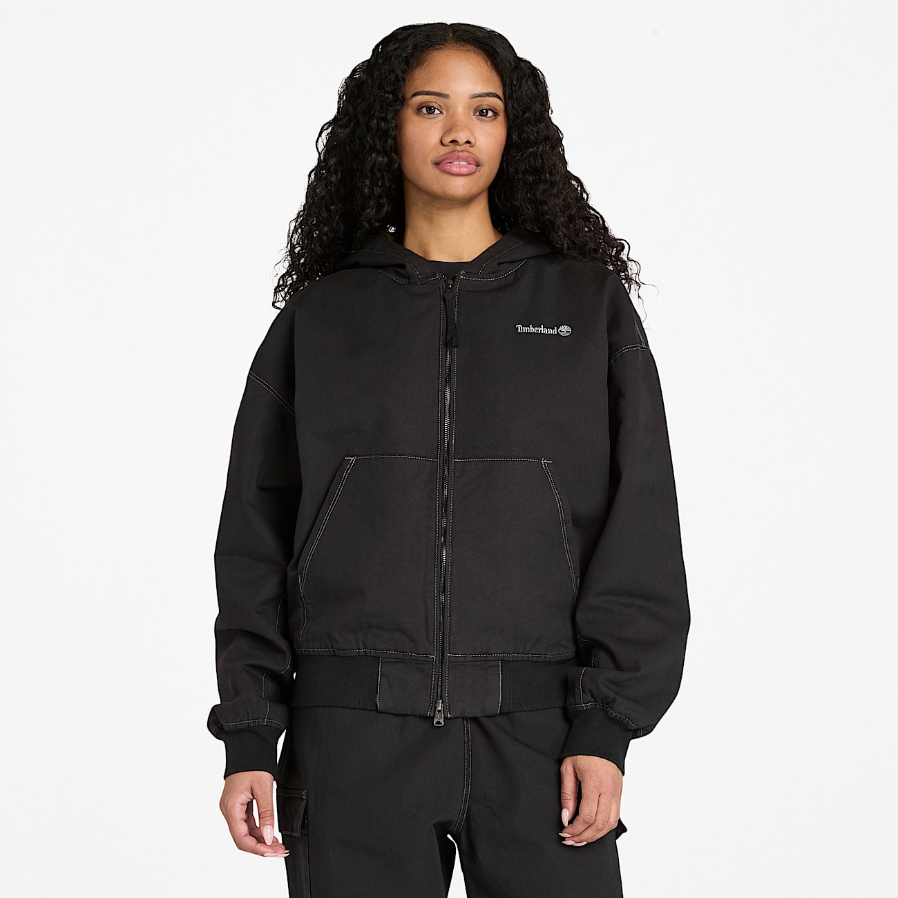 All Gender Washed Duck Canvas Hooded Bomber in Black - 3