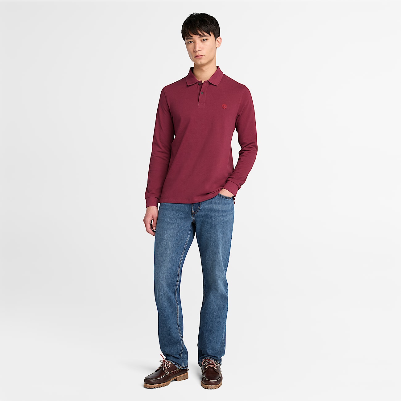 Millers River Long-Sleeve Pique Polo for Men in Burgundy - 2