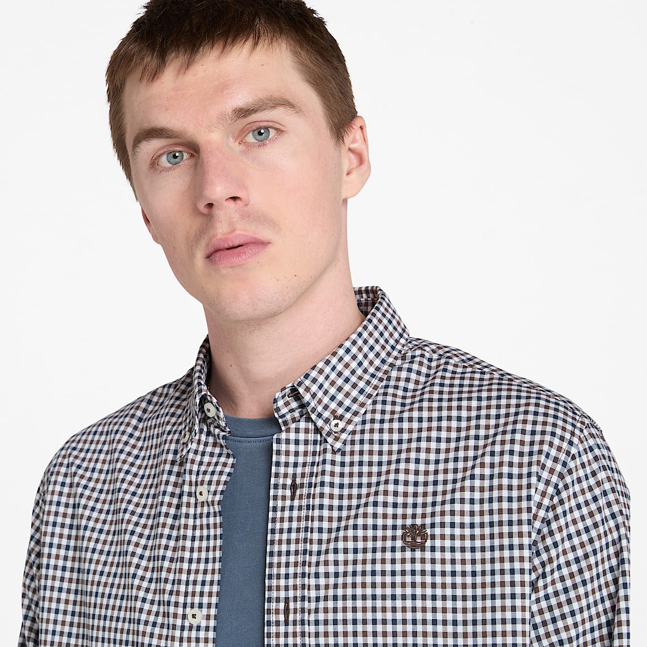 Stretch Poplin Gingham Shirt for Men in Brown - 3