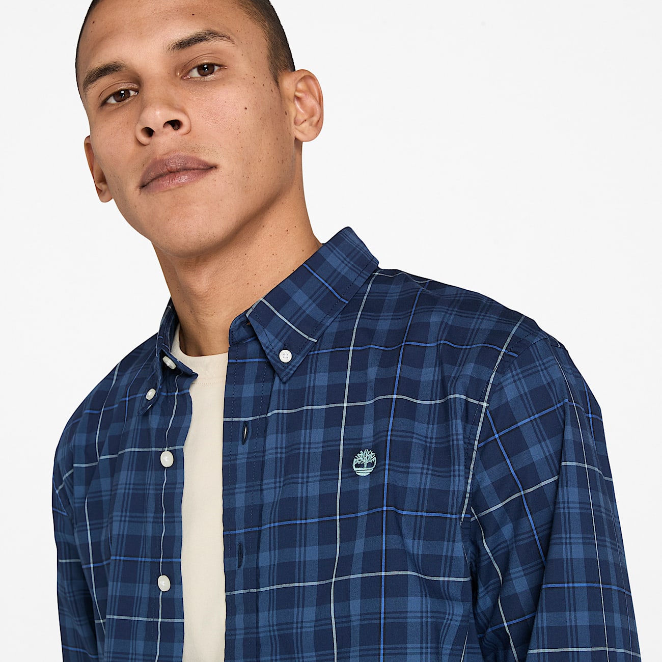 Stretch Poplin Check Shirt for Men in Dark Blue - 3