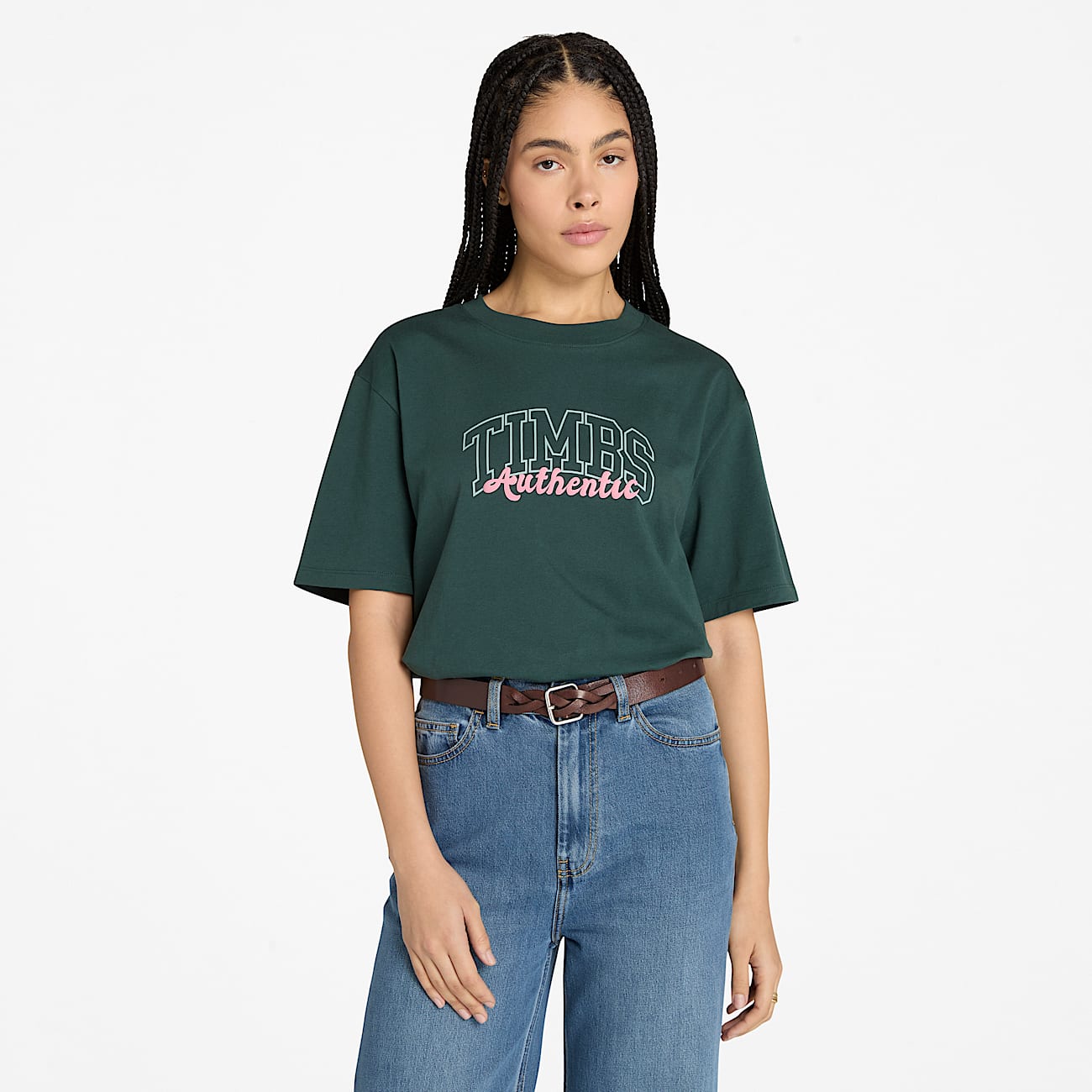 Timberland® Varsity Graphic Short-Sleeve T-Shirt for Women in Dark Green - 1