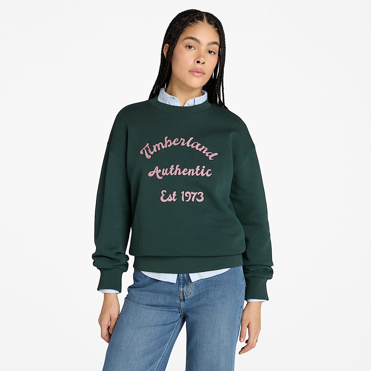 Gebürstetes Rundhals-Sweatshirt mit Grafik auf der Brust für Damen in Dunkelgrün - 1