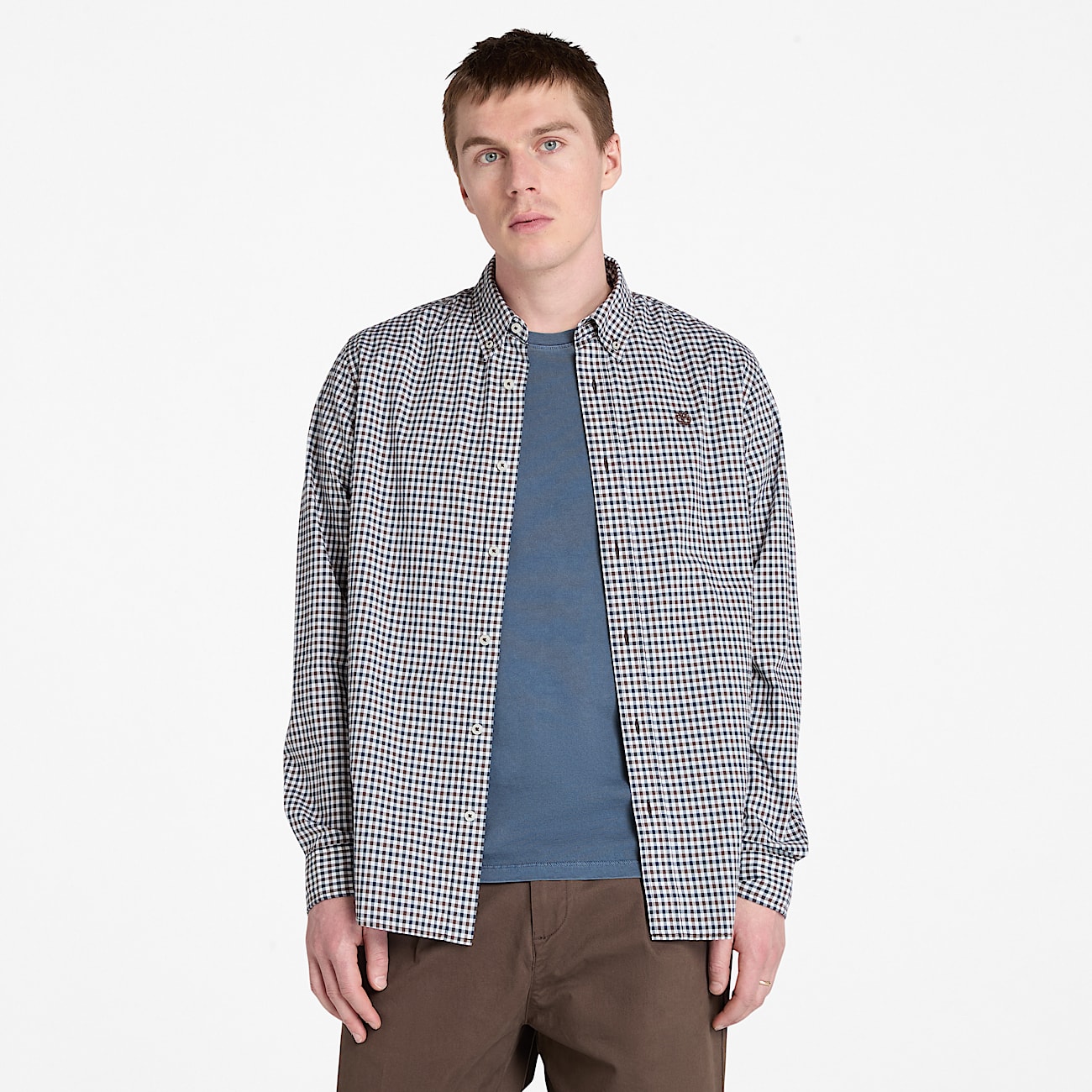 Stretch Poplin Gingham Shirt for Men in Brown - 1