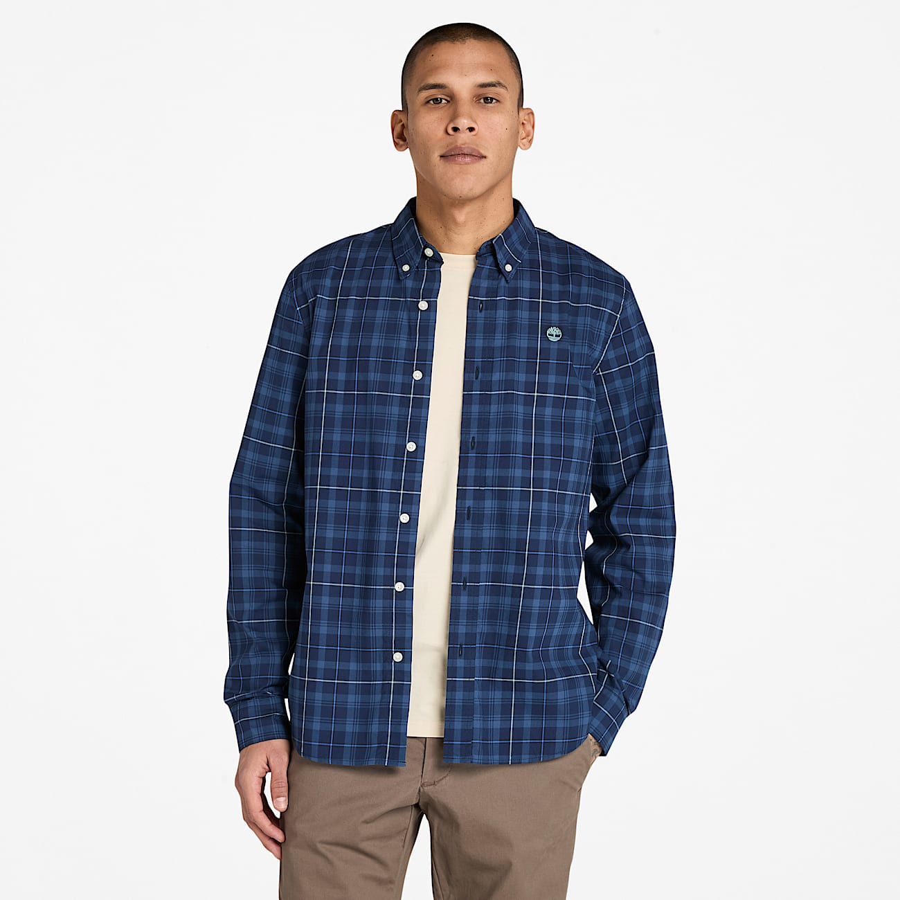 Stretch Poplin Check Shirt for Men in Dark Blue - 1