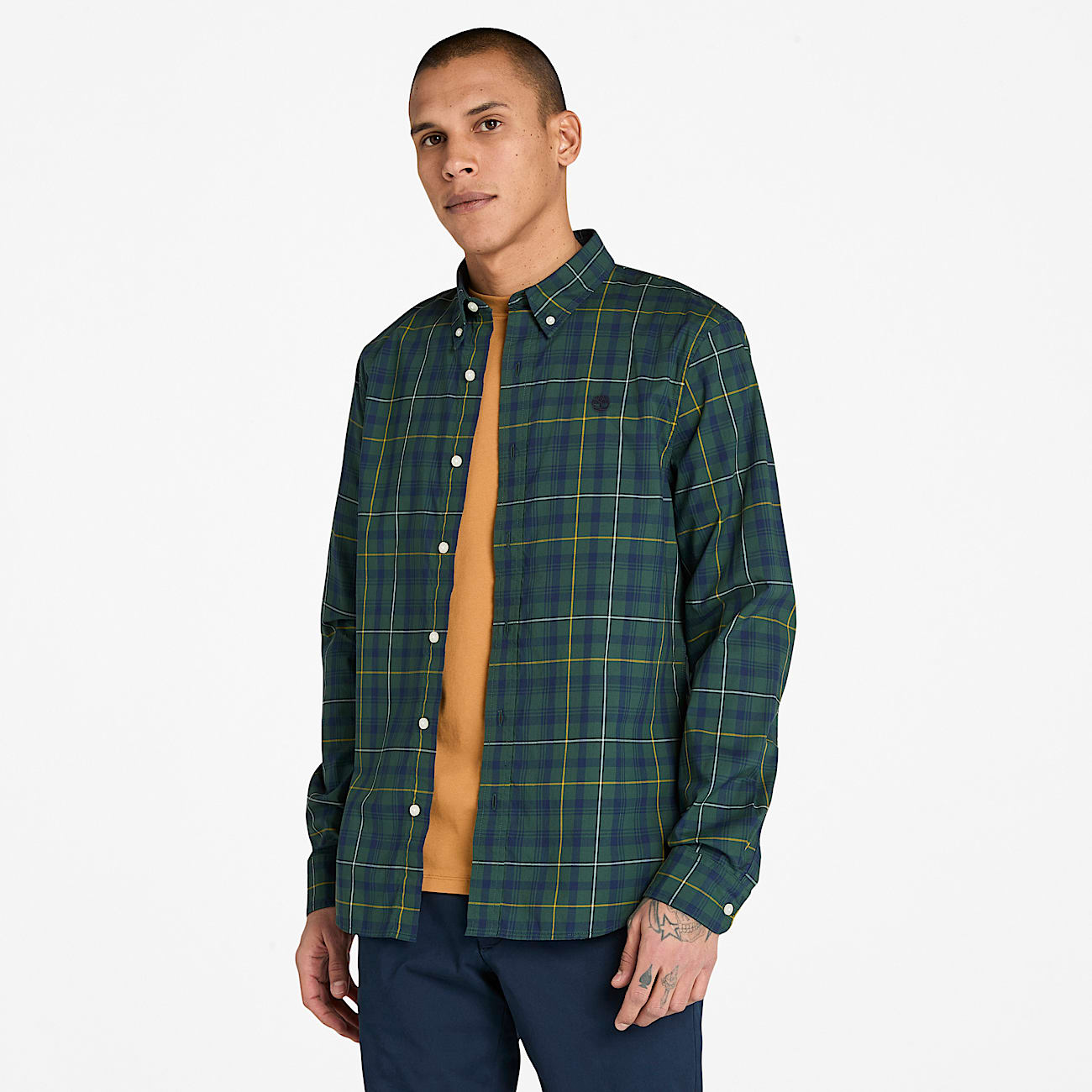 Chemise à carreaux en popeline extensible pour homme en vert foncé - 1