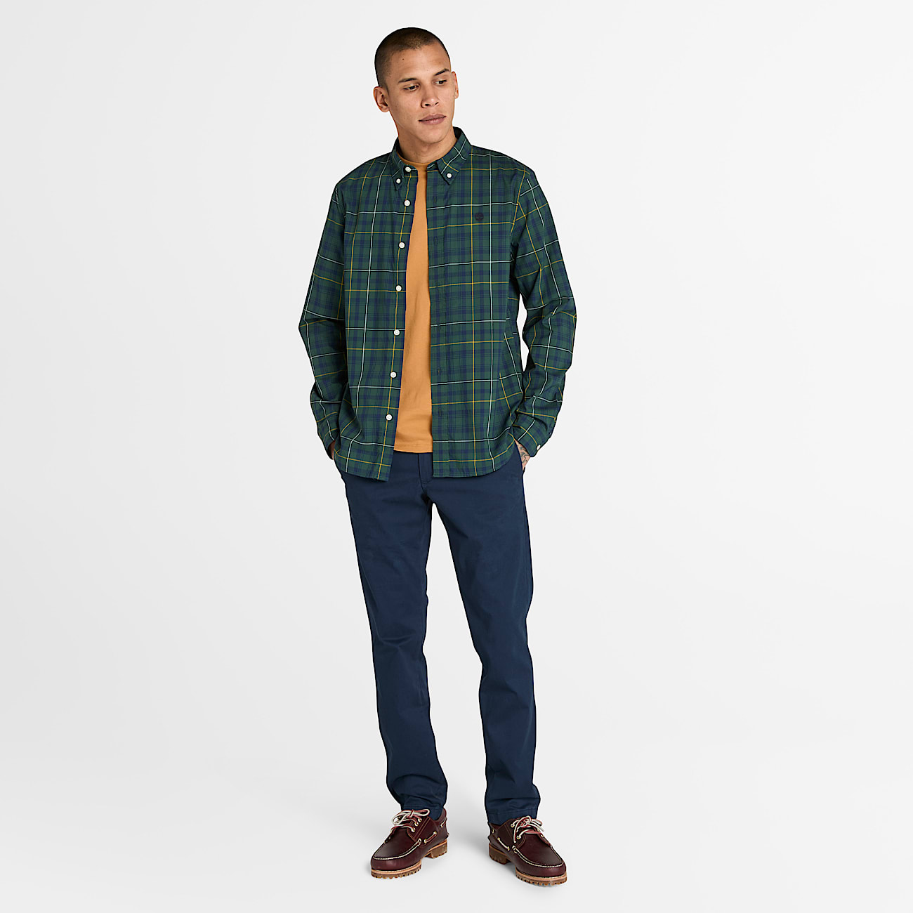 Chemise à carreaux en popeline extensible pour homme en vert foncé - 2