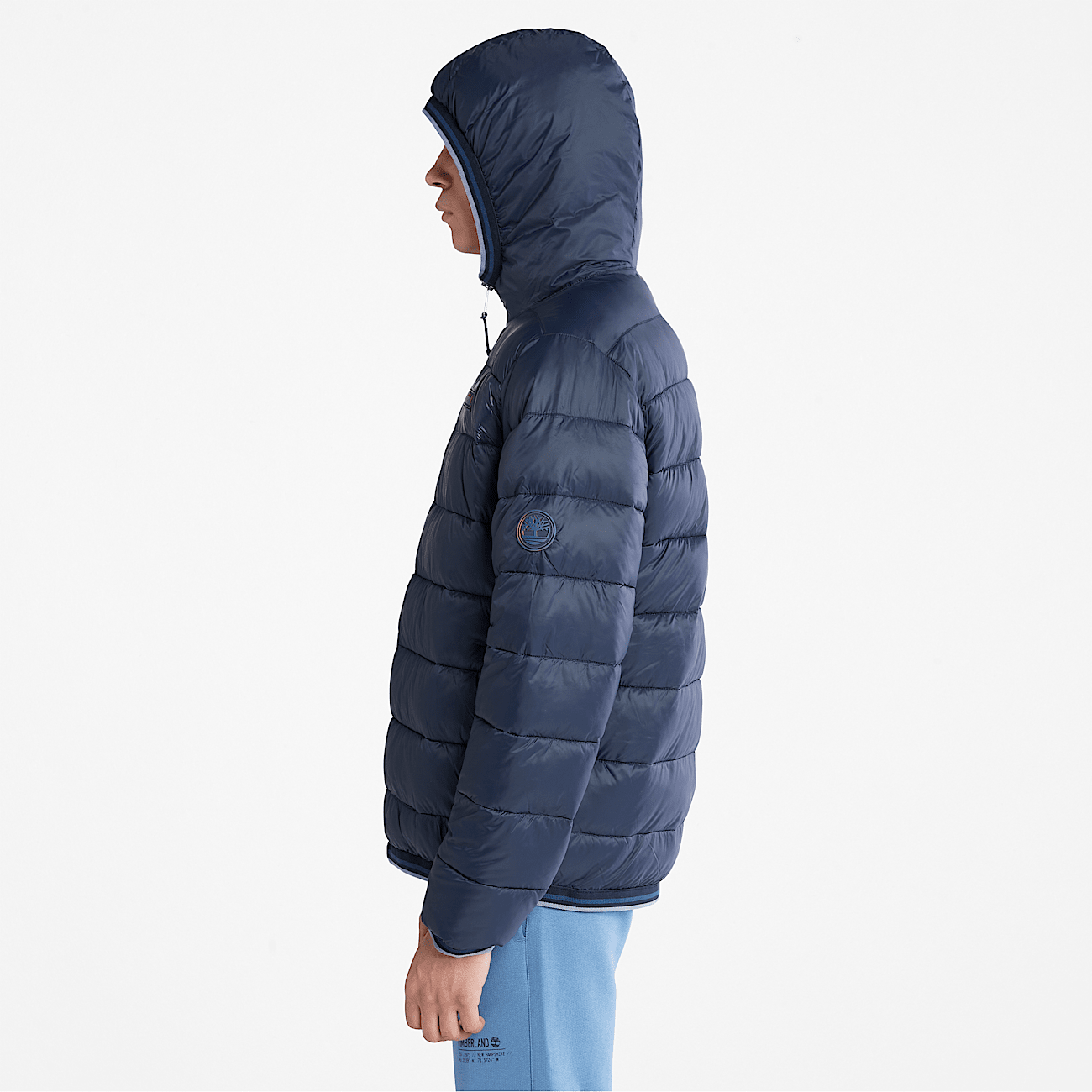 Navy hooded puffer jacket on sale