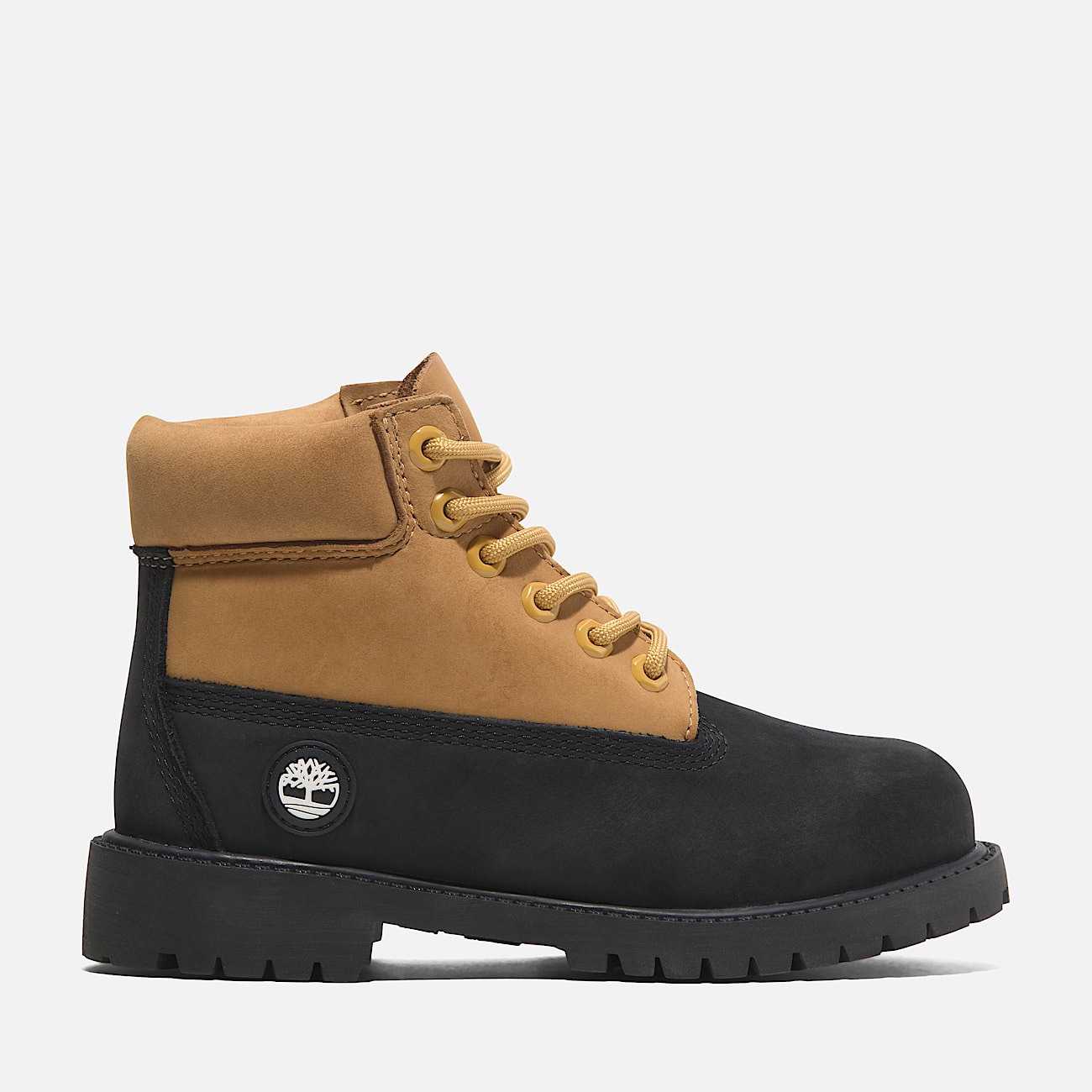 Timberland Premium 6 Inch Lace Up Waterproof Boot for Youth in Black Yellow