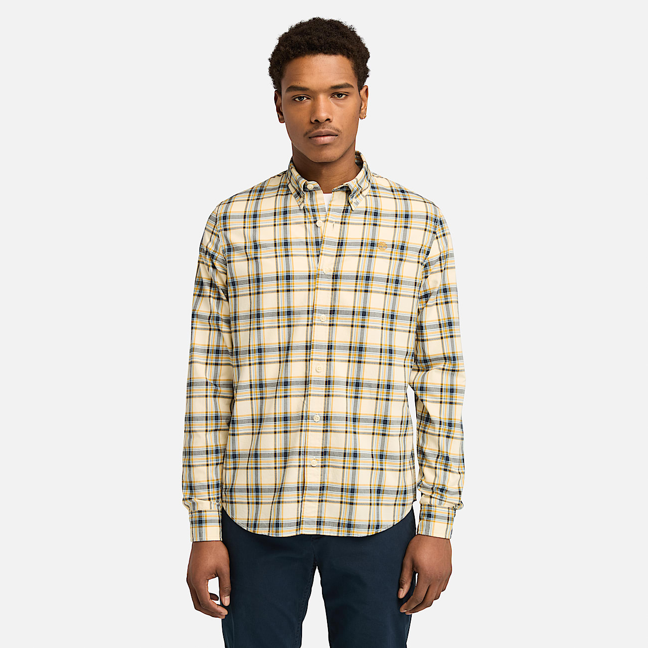 Camicia a Quadri in Popeline Elasticizzato da Uomo in beige